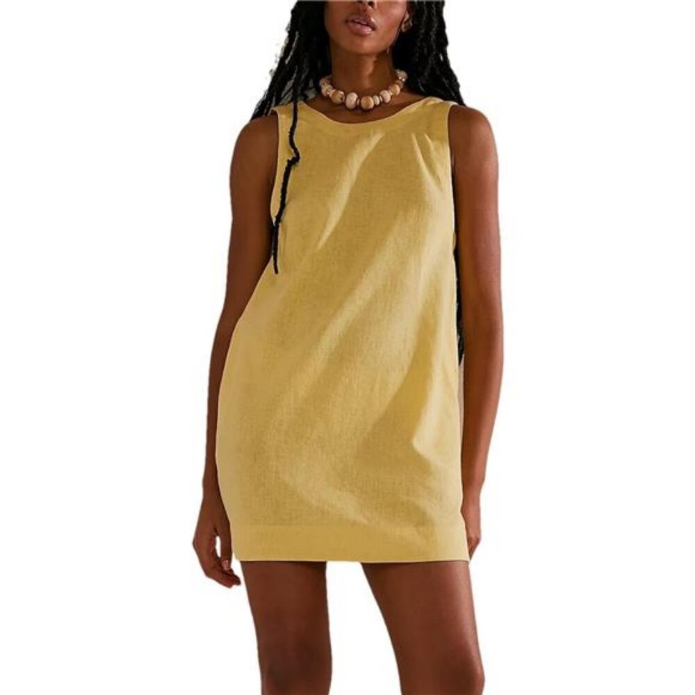 Womens Summer Crew Neck Open Back Dress Beach Sunshine Cotton Linen Mini Dress